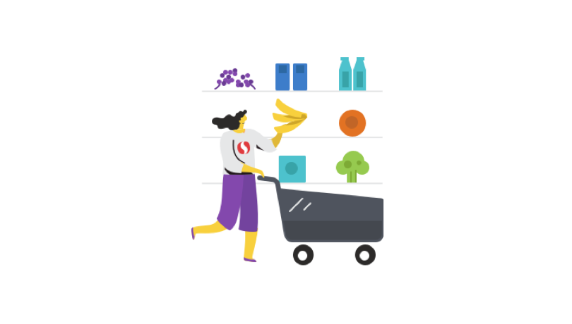 Shopper with fruits and vegetables above shopping cart